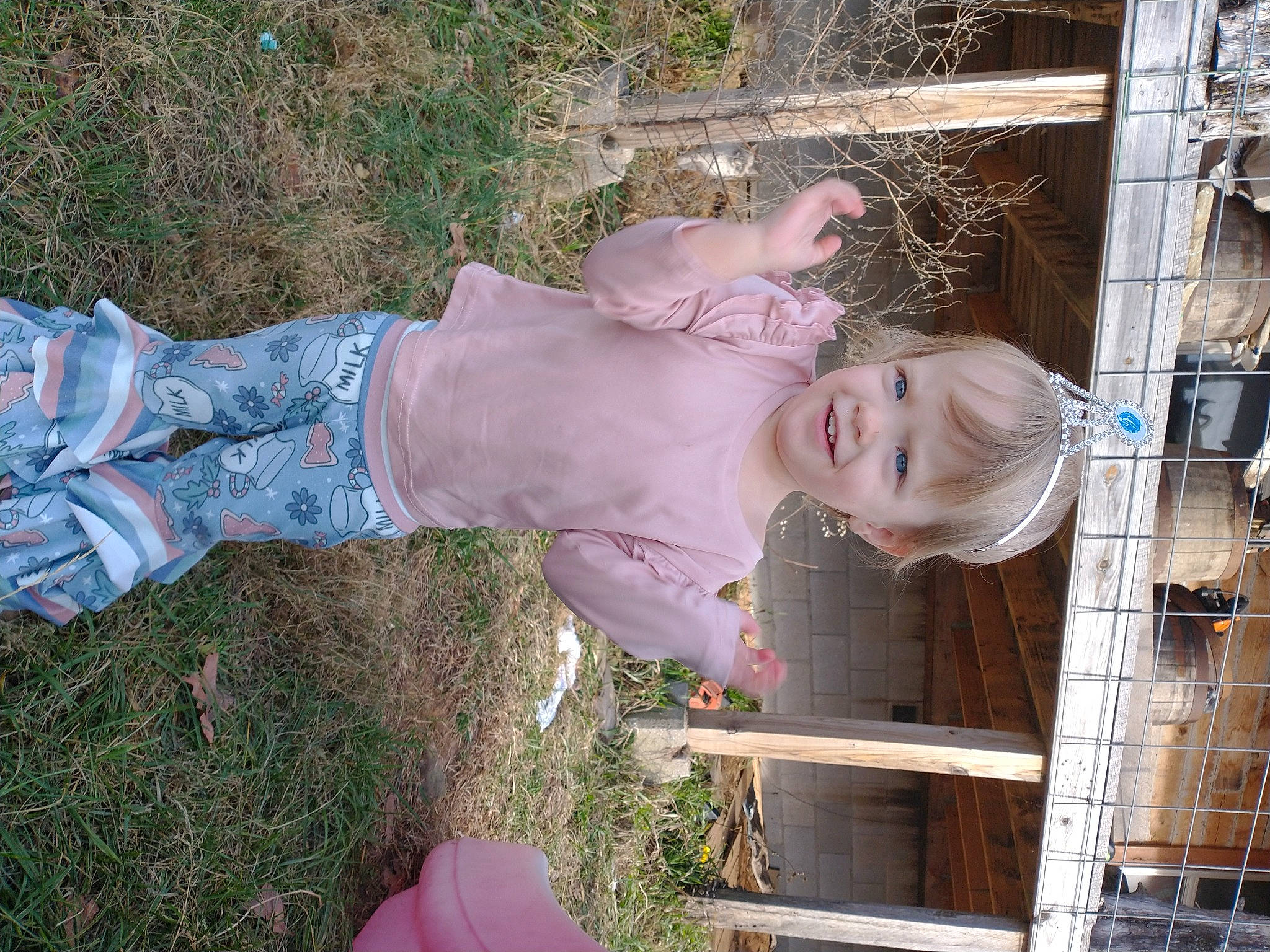 Aspen is registered to the contest to win money with this photo: child, fun, grass, joy, people_in_nature, person, plant, textile, wood