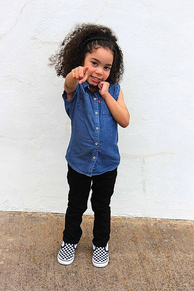 Taleigha is registered to the contest to win money with this photo: blue, child, child_model, denim, footwear, jacket, jeans, joy, nose, outerwear, person, photo_shoot, photography, shoe, sleeve, standing, t_shirt, textile, toddler, top