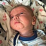 Josiah joined the competition — help win amazing prizes! baby, newborn, infant, child, face, portrait, lying_down, blanket, bedding, floral_pattern, striped_clothing, teddy_bears, blue_clothing, cozy, indoors, close_up, looking_upward, sleeping_area, soft_lighting, photograph