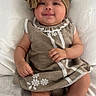 Daniela joined the competition — help win amazing prizes! baby, infant, smiling, headband, bow, dress, white_blanket, sitting, cute, happy, child, portrait, indoors, soft_lighting, footwear, sock, curly_hair, fabric, texture, closeup