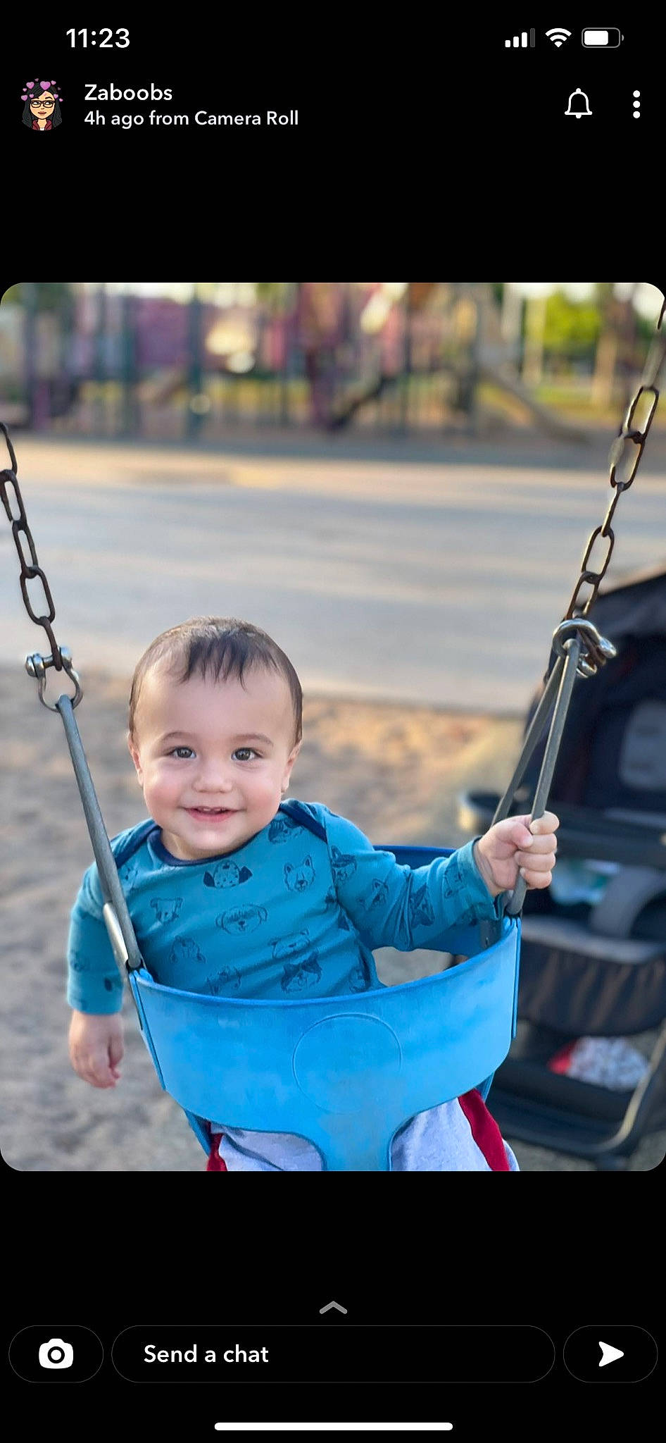 Ashter is registered to the contest to win money with this photo: baby, black, blue, cool, eye, face, fun, happy, joy, leisure, people, person, photograph, playground, product, recreation, smile, standing, swing, t_shirt
