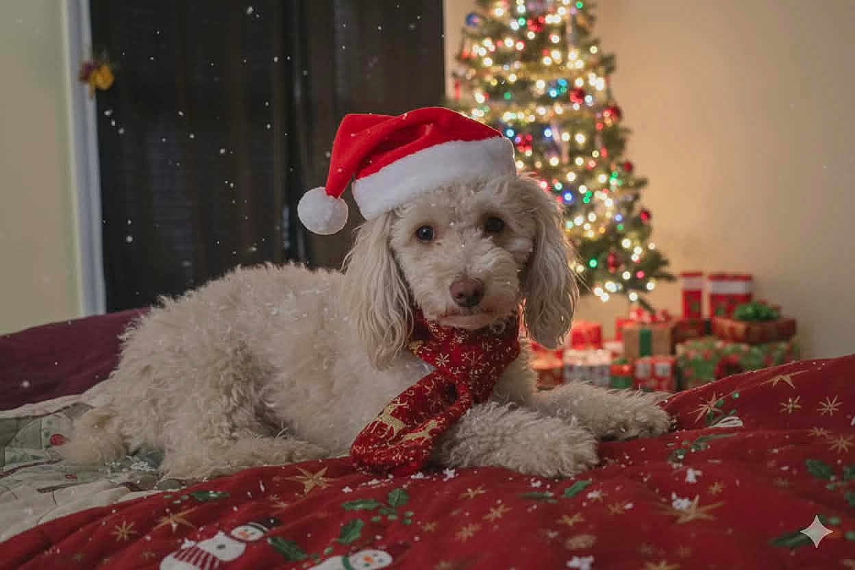 Luna is registered to the contest to win money with this photo: dog, santa_hat, scarf, bed, blanket, christmas_tree, presents, holiday, festive, indoor, decorations, lights, cozy, celebration, blurred_background, canine, fur, cute, relaxing, winter