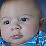 baby, blue_shirt, cheeks, child, closeup, clothing, cute, expression, eyes, face, head, human, infant, lips, person, portrait, skin, soft_background, striped, young