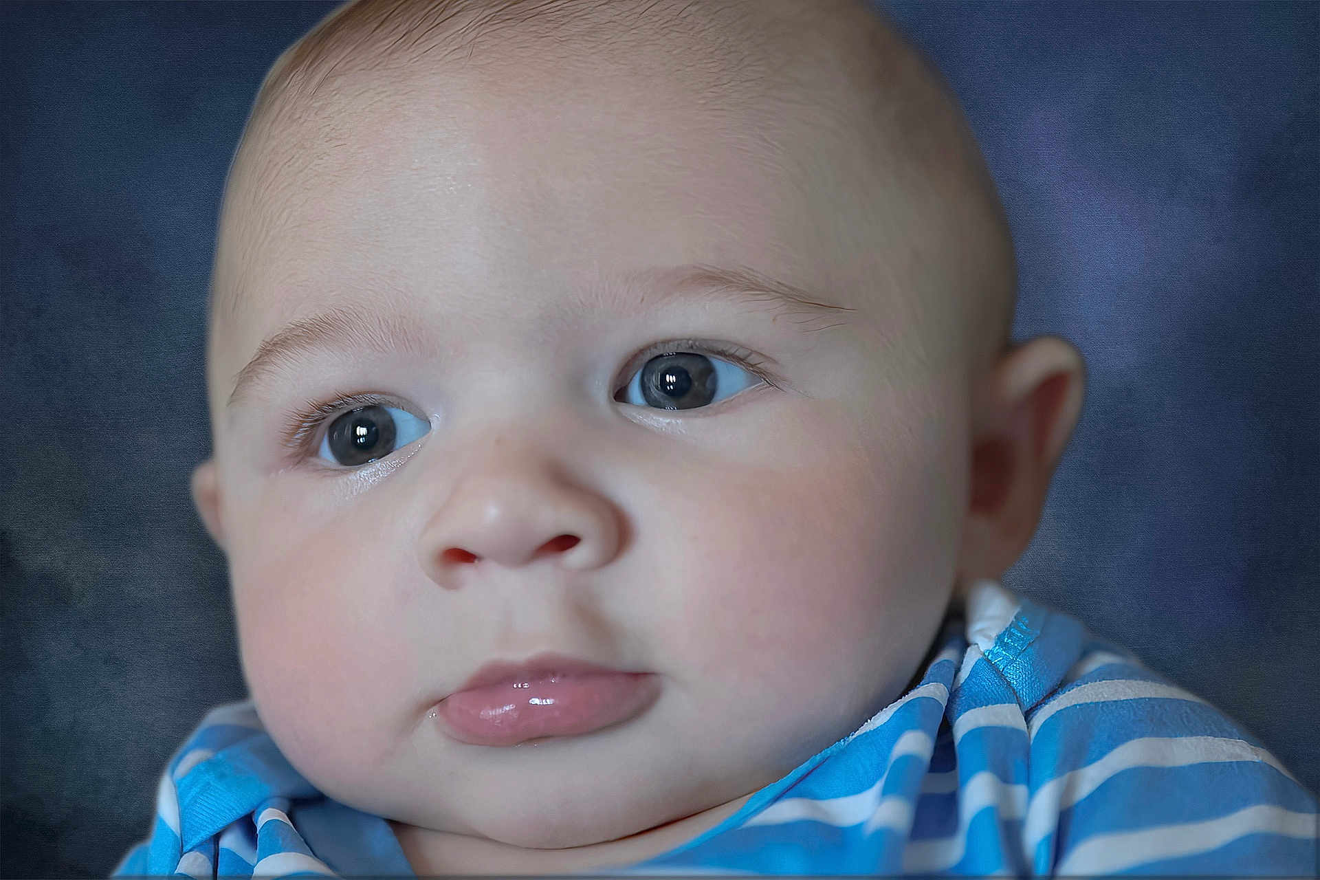 Vincent joined the competition — help win amazing prizes! baby, blue_shirt, cheeks, child, closeup, clothing, cute, expression, eyes, face, head, human, infant, lips, person, portrait, skin, soft_background, striped, young