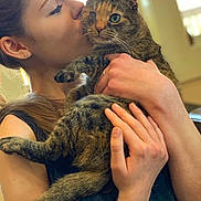Hannah joined the competition — help win amazing prizes! woman, person, cat, tabby_cat, pet, animal, portrait, indoors, hugging, kissing, affection, whiskers, green_eyes, striped_fur, hands, arms, long_hair, earrings, warm_lighting, close_up