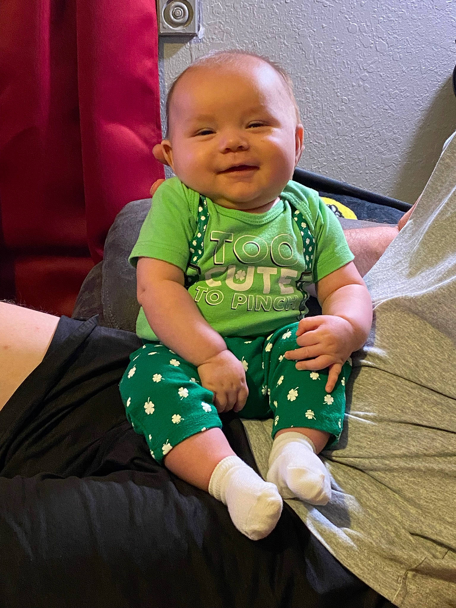 Chase is registered to the contest to win money with this photo: baby, baby_toddler_clothing, child, comfort, eye, finger, fun, gesture, happy, human_body, human_leg, knee, leg, person, skin, sleeve, smile, t_shirt, thigh, thumb