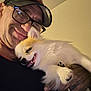 man, dog, pet, glasses, cap, indoor, smile, sleeping, fluffy, hand, tattoo, ring, closeup, cozy, portrait, cute, animal, friendship, affection, relaxation