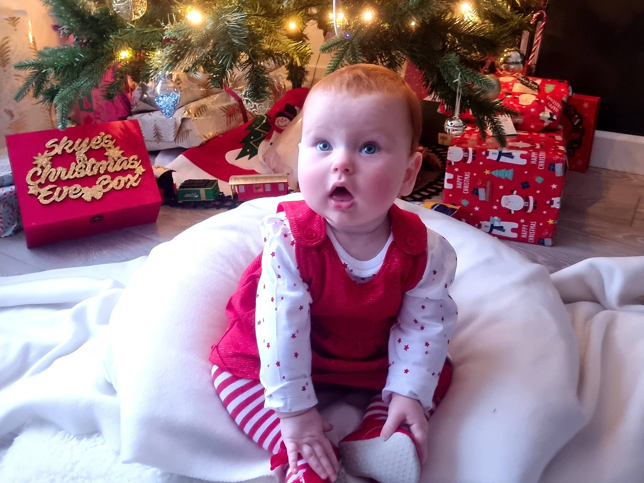 Skye joined the competition — help win amazing prizes! baby, baby_toddler_clothing, child, christmas, christmas_decoration, christmas_eve, christmas_ornament, christmas_tree, comfort, event, fun, happy, head, holiday, human_body, lap, ornament, person, sleeve, surprise