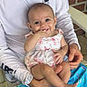 baby, child, smiling, person, adult, holding, dress, sitting, bench, brick_wall, hand, finger_in_mouth, white_shirt, blue_shorts, patterned_clothing, happy, outdoor, skin, face, cute
