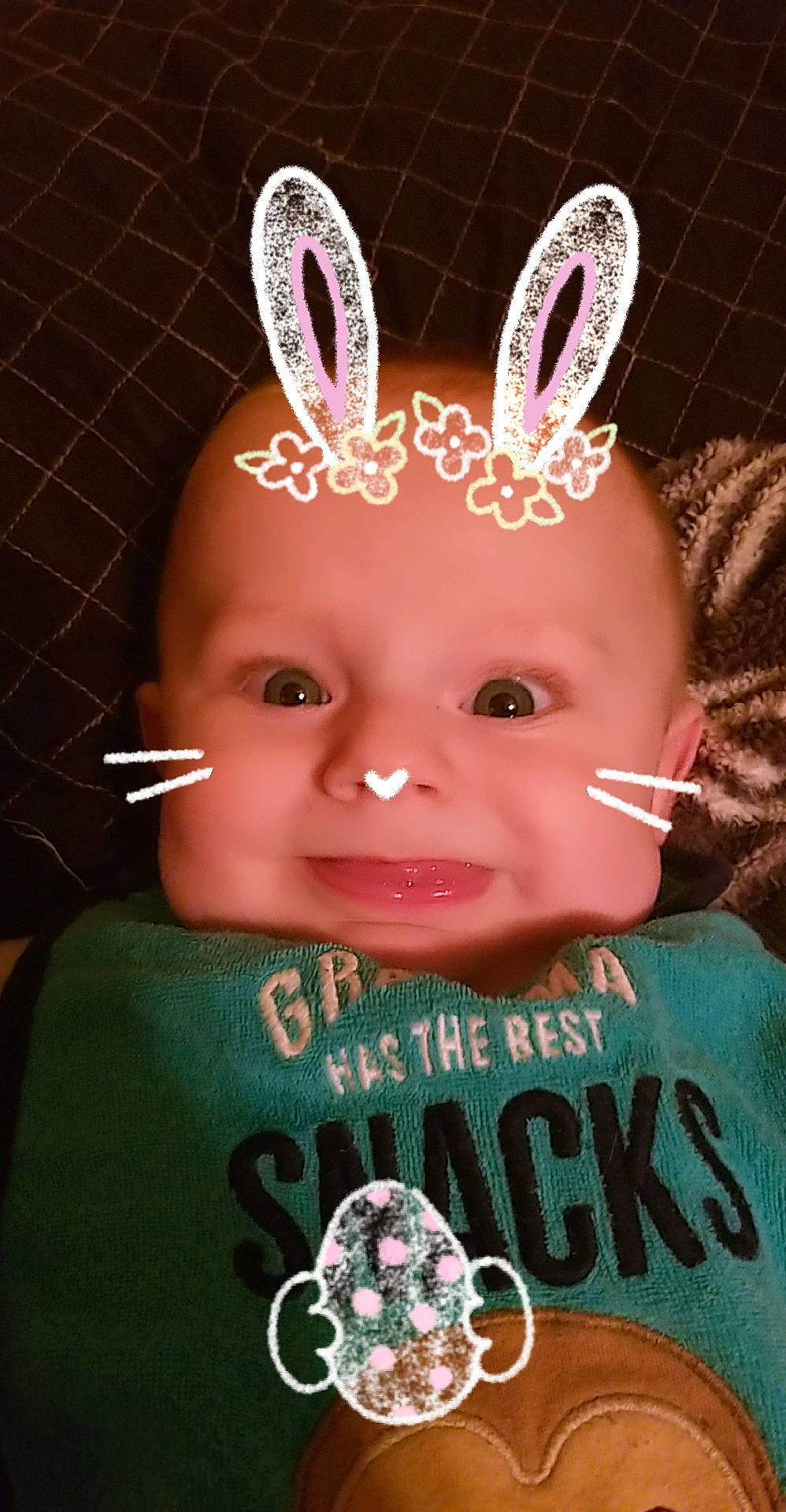 Liam is registered to the contest to win money with this photo: child, ear, easter_bunny, head, person, pink