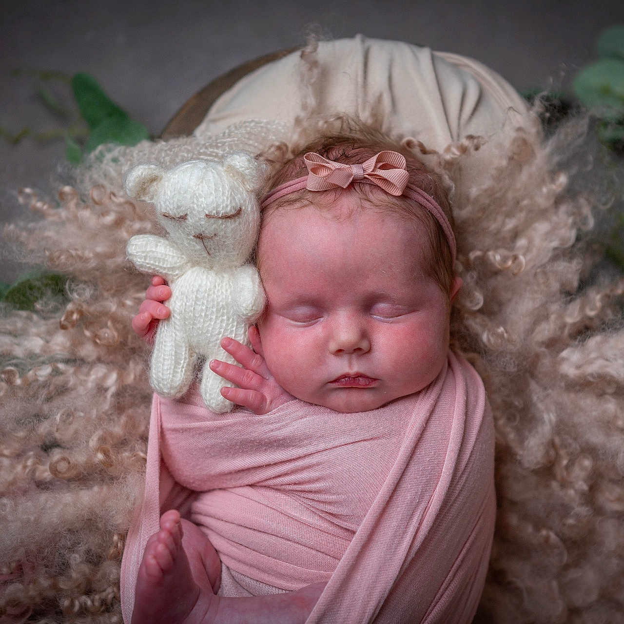 Maya-Rae joined the competition — help win amazing prizes! adorable, baby, closeup, cuddly, curly_fur, cute, flower, greenery, headband, infant, knitted_toy, newborn, peaceful, pink_wrap, portrait, resting, sleeping, soft_texture, teddy_bear, wrapped