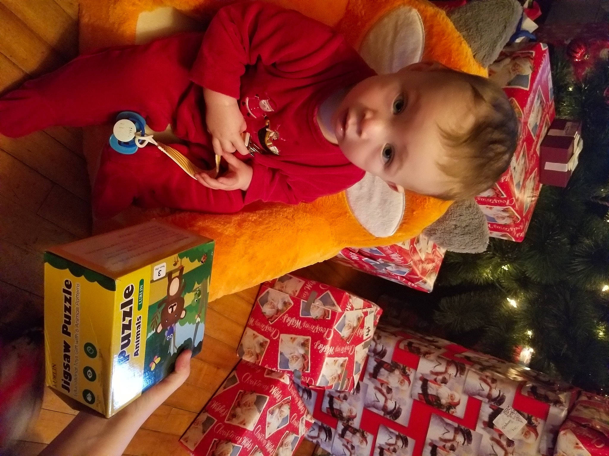 Dax joined the competition — help win amazing prizes! baby, baby_toddler_clothing, box, carton, child, christmas, christmas_decoration, christmas_eve, christmas_ornament, christmas_tree, holiday, holiday_ornament, ornament, packaging_and_labeling, person, play, present, toddler