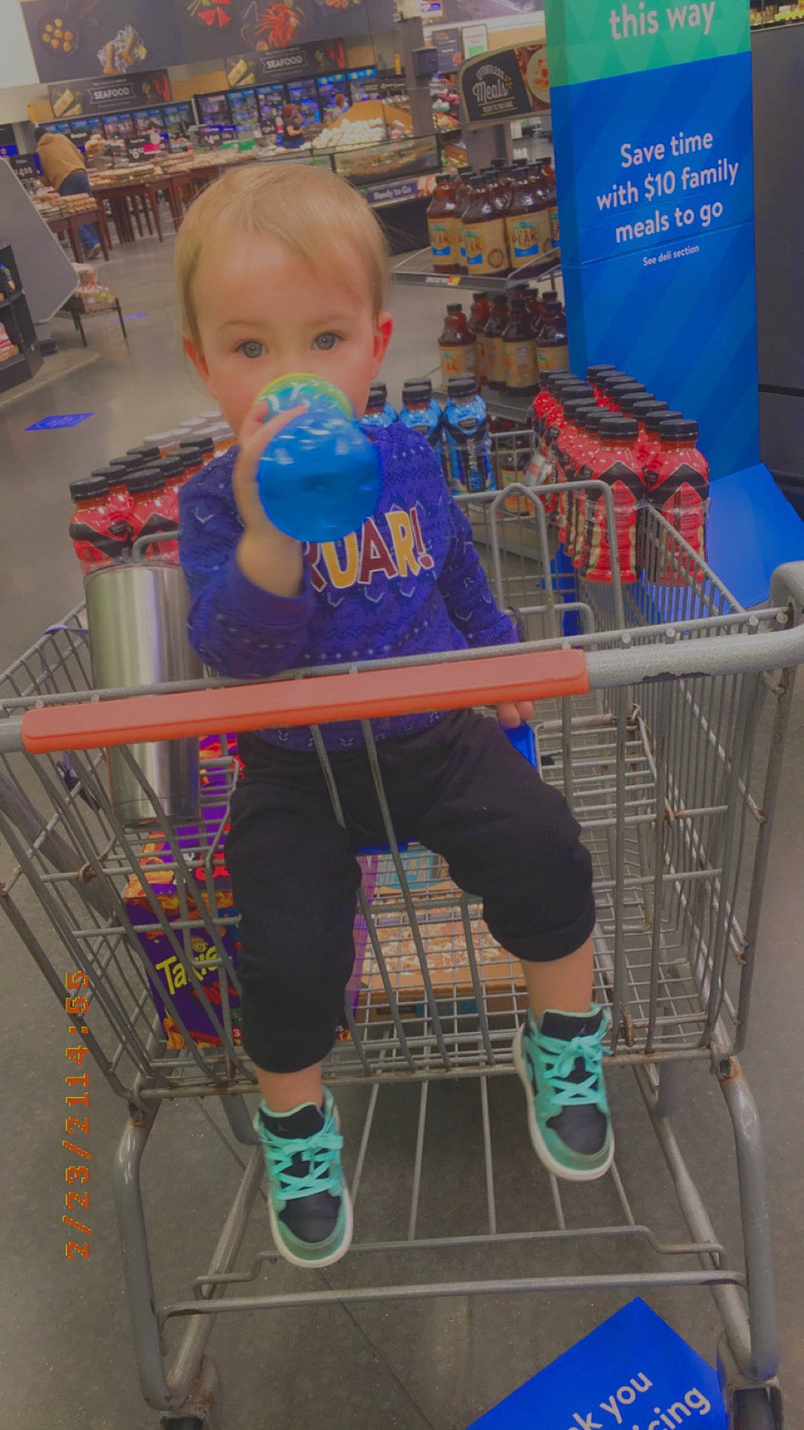 Andrew joined the competition — help win amazing prizes! blue, cart, child, cleanliness, customer, electric_blue, fun, human_leg, leisure, person, photograph, product, retail, shelf, shelving, shoe, shopping, shopping_cart, sneakers, standing