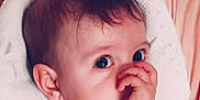 Flora participe au concours pour gagner de l'argent avec cette photo : baby, infant, face, hand, thumb, eyes, skin, hair, ear, cushion, texture, comfort, closeup, portrait, child, resting, cute, soft, background, peach
