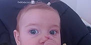 Flora a rejoint le concours — aidez-le/la à gagner de superbes lots ! baby, blue_eyes, butterfly_sticker, child, close_up, cute, face, hair_ties, high_chair, indoor, infant, person, pony_tail, portrait, seat, soft_lighting, thumb_sucking, wall_art, yellow_clothing, young_child