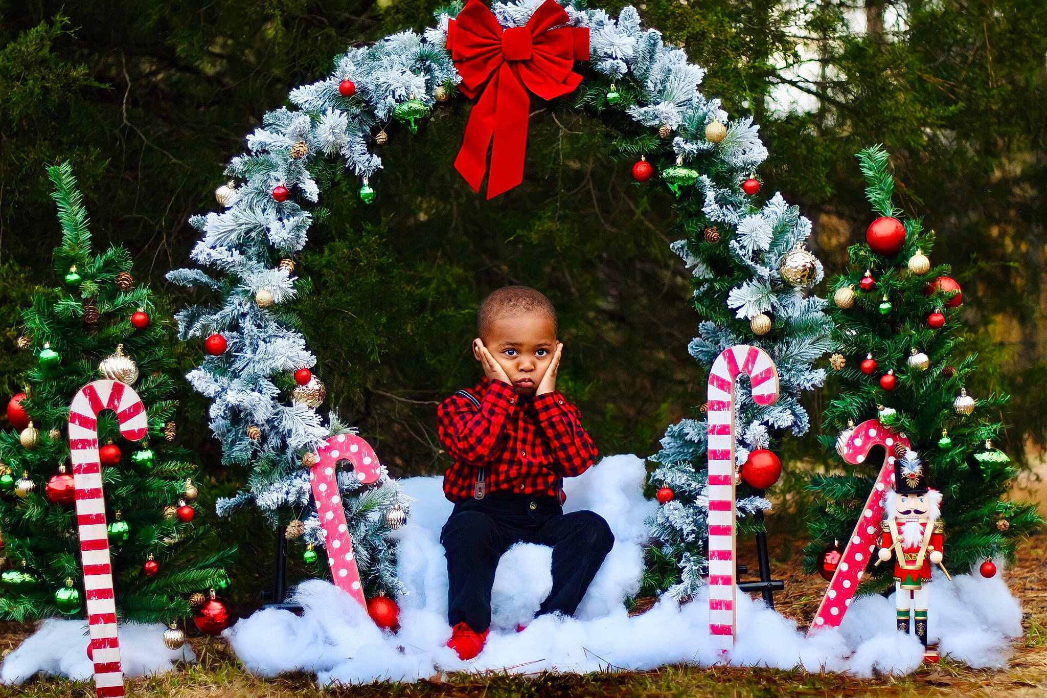 Kacen is registered to the contest to win money with this photo: botany, branch, christmas_decoration, christmas_ornament, event, evergreen, face, grass, green, happy, holiday_ornament, human_body, leaf, nature, people_in_nature, person, plant, red, tree, white