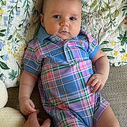 Noah joined the competition — help win amazing prizes! baby, infant, child, plaid, romper, hand, finger, quilt, floral_pattern, fabric, person, skin, face, eyes, cute, lying_down, holding, indoor, colorful, comfortable
