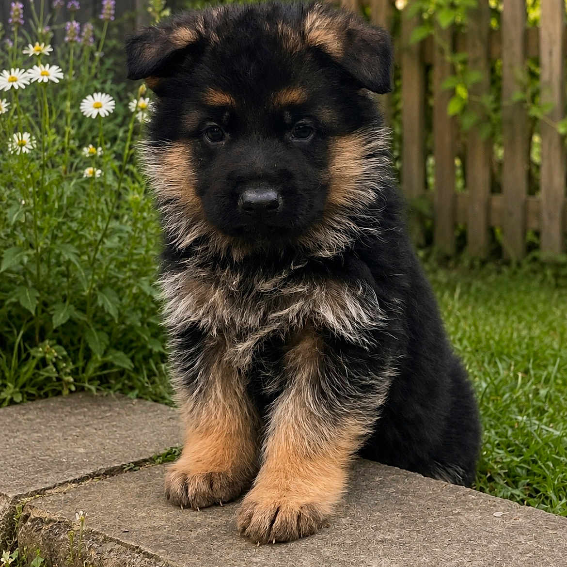 Apollo participe au concours pour gagner de l'argent avec cette photo : puppy, german_shepherd, dog, young_animal, grass, flowers, garden, path, outdoor, cute, fur, pet, animal, nature, greenery, fence, small, sitting, adorable, young