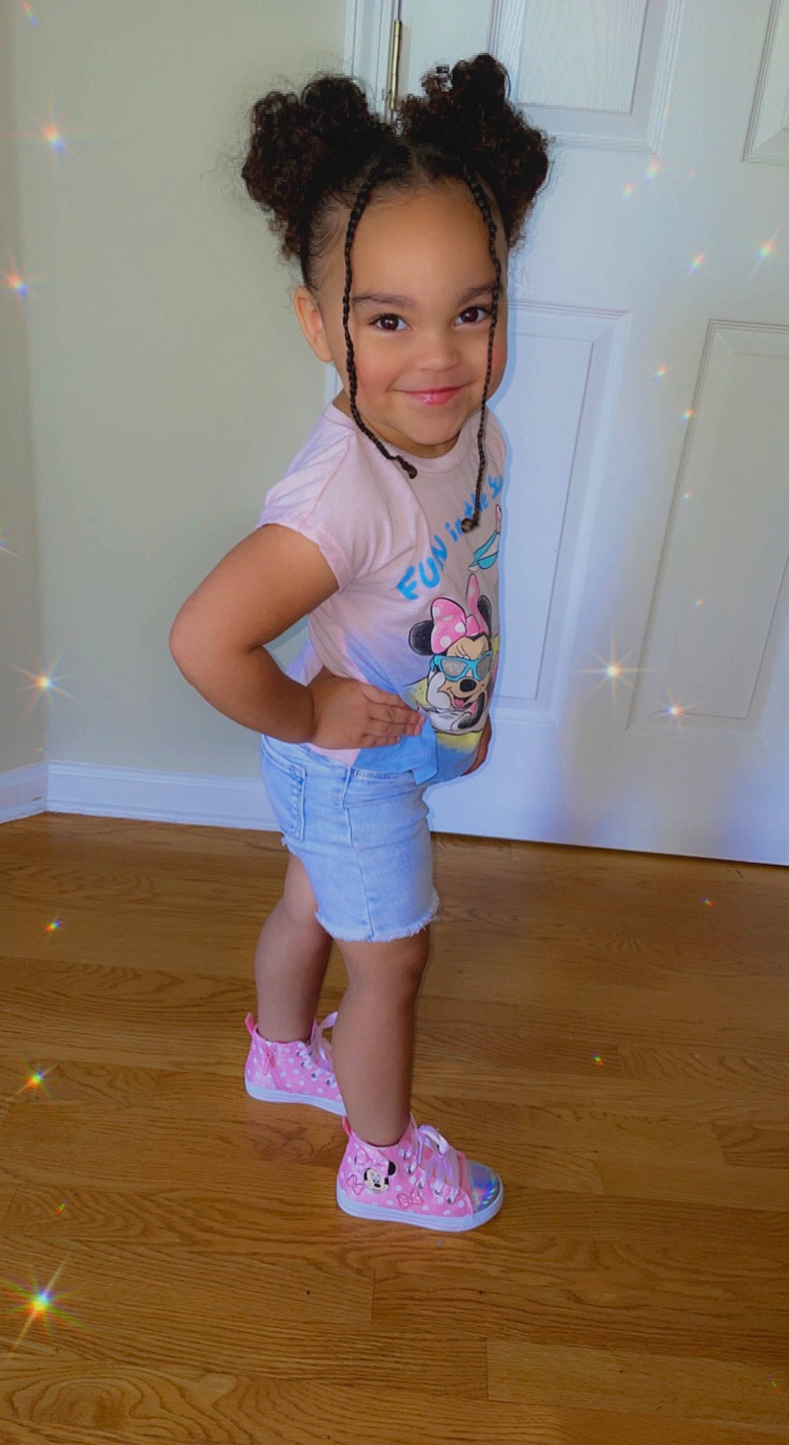 Kamryn joined the competition — help win amazing prizes! baby_toddler_clothing, child, electric_blue, floor, flooring, fun, happy, hardwood, human_leg, joint, joy, knee, long_hair, person, shorts, skin, smile, sock, standing, thigh