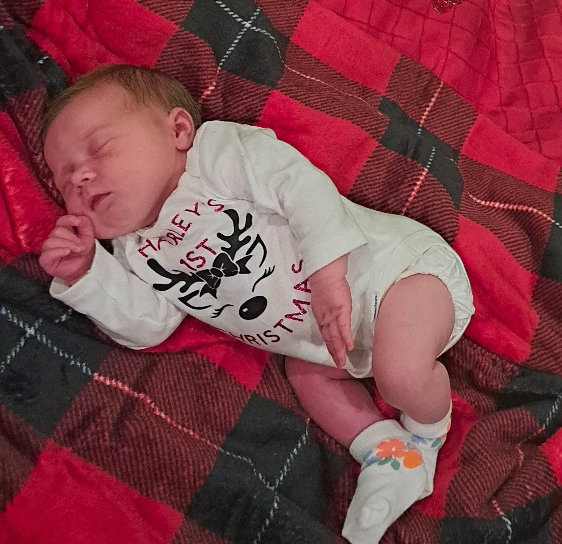 Harley joined the competition — help win amazing prizes! baby, baby_products, baby_sleeping, baby_toddler_clothing, carmine, comfort, lap, linens, mammal, pattern, person, pink, plaid, sitting, sleeve, sock, t_shirt, tartan, textile, thigh