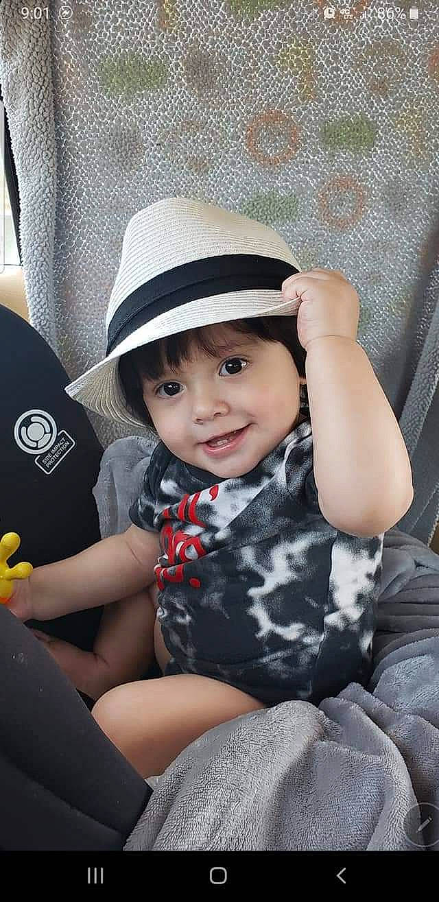 Emilio is registered to the contest to win money with this photo: baby, baby_toddler_clothing, cap, comfort, cool, eye, facial_expression, fedora, finger, flash_photography, happy, hat, head, headgear, headwear, joy, person, product, skin, smile