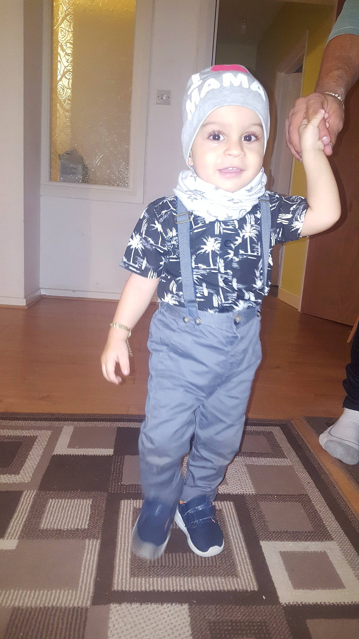 Yannis joined the competition — help win amazing prizes! child, clothing, costume, floor, flooring, head, jeans, person, sleeve, standing, t_shirt, toddler, trousers