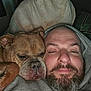 Bossy joined the competition — help win amazing prizes! beard, bulldog, casual, close_up, companion, cozy, dog, facial_hair, friendship, hoodie, indoor, man, pet, pillow, portrait, relaxed, resting, sleepy, snuggling, warmth