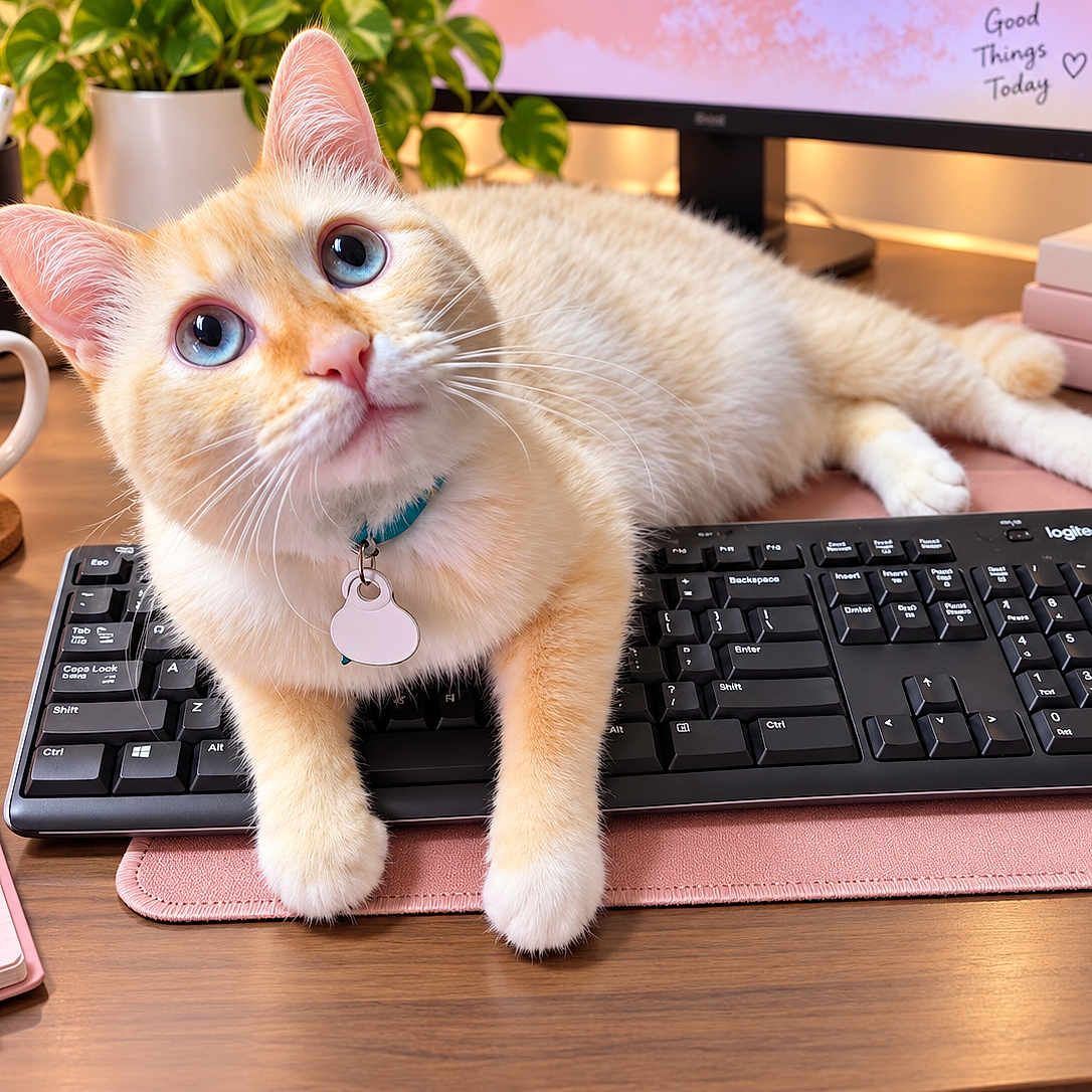 Hashbrown is registered to the contest to win money with this photo: cat, ginger_cat, blue_eyes, pet, animal, kitten, collar, tag, keyboard, computer, desk, office, workspace, coffee_mug, houseplant, books, notebook, pen, indoors, productivity