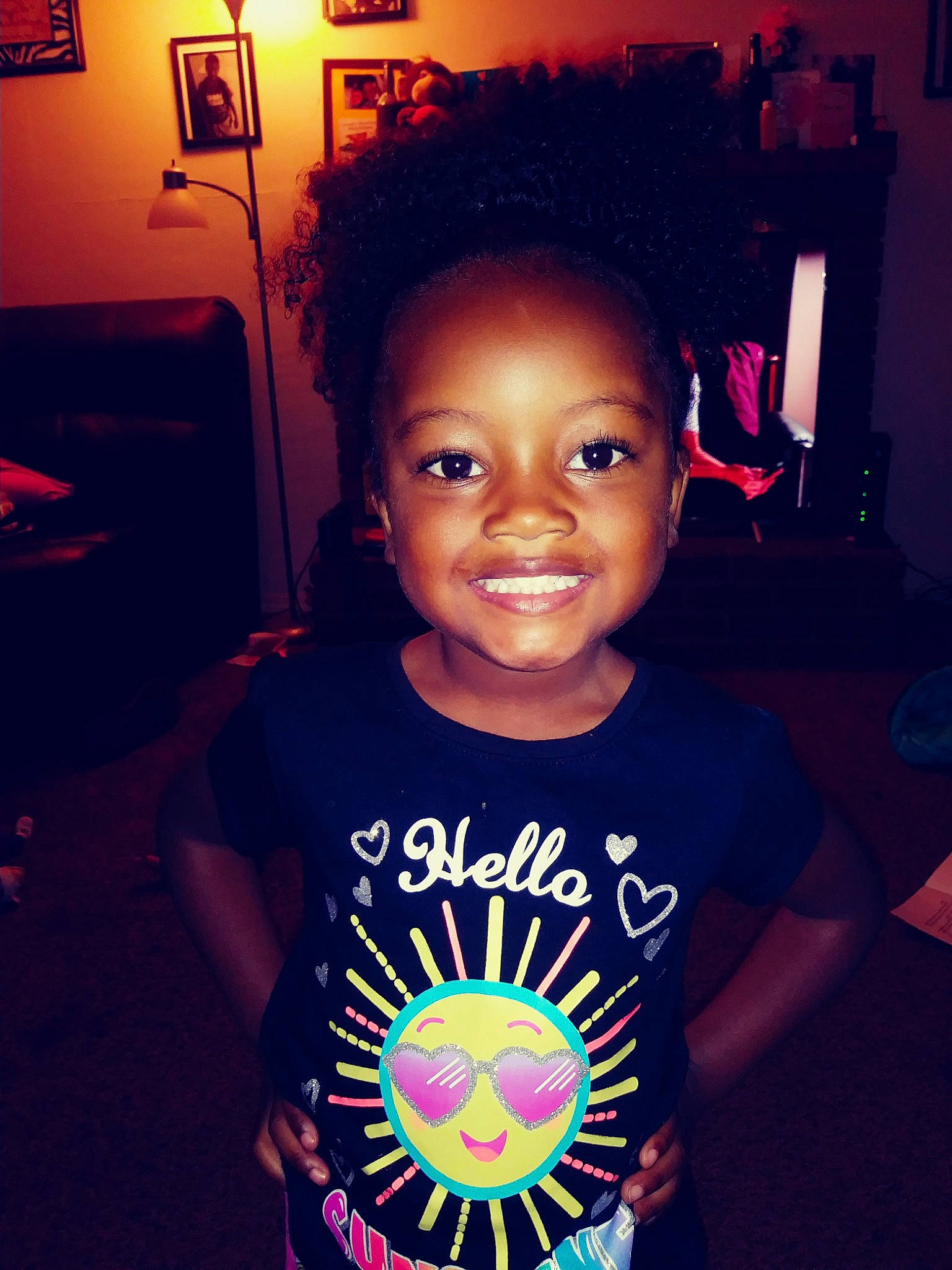 Annie is registered to the contest to win money with this photo: afro, black_hair, cheek, child, cloud, cool, face, forehead, fun, hair, hairstyle, happy, head, joy, night, people, person, pink, smile, t_shirt