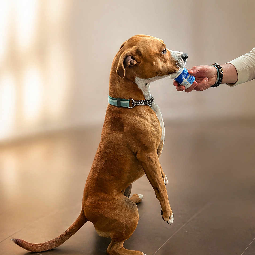 Ginette a rejoint le concours — aidez-le/la à gagner de superbes lots ! dog, brown_dog, sitting, indoor, floor, person_hand, collar, licking, container, small_container, pet, animal, canine, waiting, obedient, side_view, light, shadow, human_interaction, floor_tile