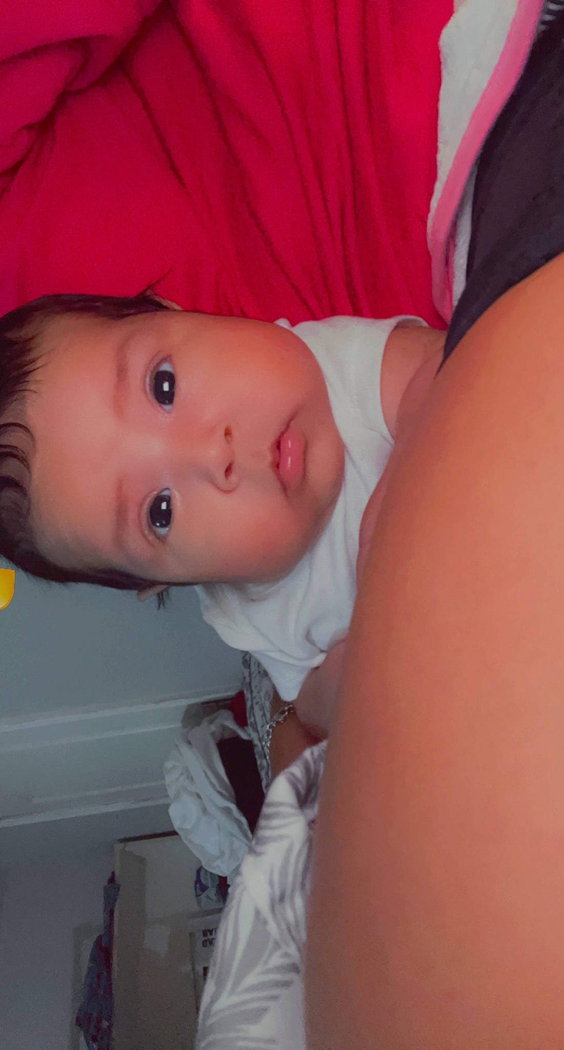 Amelia Rose is registered to the contest to win money with this photo: arm, baby_toddler_clothing, cheek, chest, chin, comfort, elbow, eye, eyelash, hair, human_body, joint, lip, mouth, neck, nose, person, skin, stomach, toddler