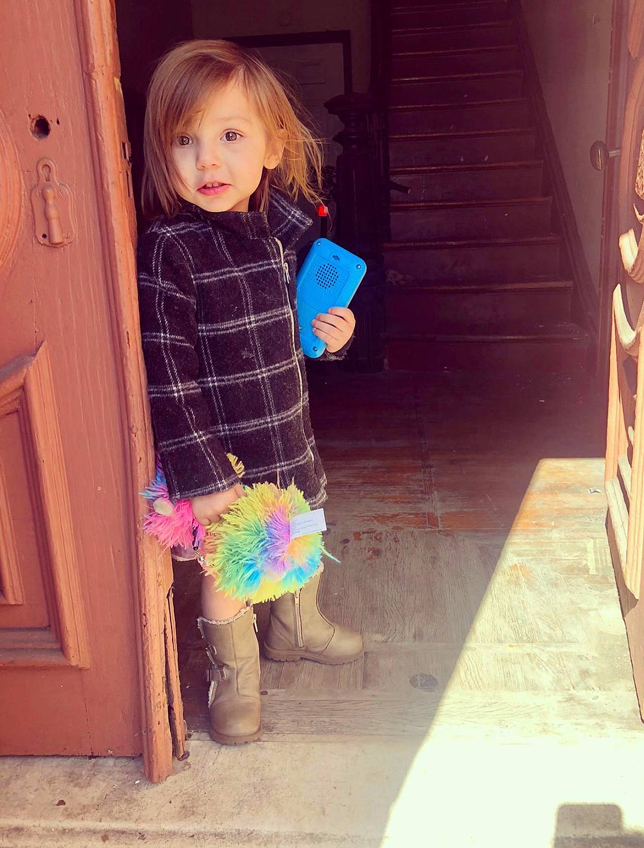 Callie joined the competition — help win amazing prizes! bangs, blond, brown_hair, child, door, electric_blue, eye, fawn, flooring, happy, human_leg, magenta, pattern, person, pink, sleeve, standing, thigh, tints_and_shades, toddler