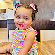 Fariba Binte Jamil joined the competition — help win amazing prizes! toddler, child, smile, happy, indoor, table, wooden_table, clothing, tank_top, shorts, hair_buns, hair_accessories, flower_clips, face, eyes, cheerful, cute, person, seated, daisies