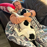 Peppermint joined the competition — help win amazing prizes! woman, adult, dog, pet, couch, blanket, pillow, living_room, cozy, hug, sleeping, black_and_white_dog, sweater, watch, rings, wooden_floor, cabinet, throw_blanket, leather_sofa, relaxation