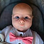 baby, infant, face, eyes, pink_bow_tie, white_shirt, suspenders, blanket, closeup, portrait, cute, child, newborn, soft_lighting, indoors, young, expressionless, skin, head, person