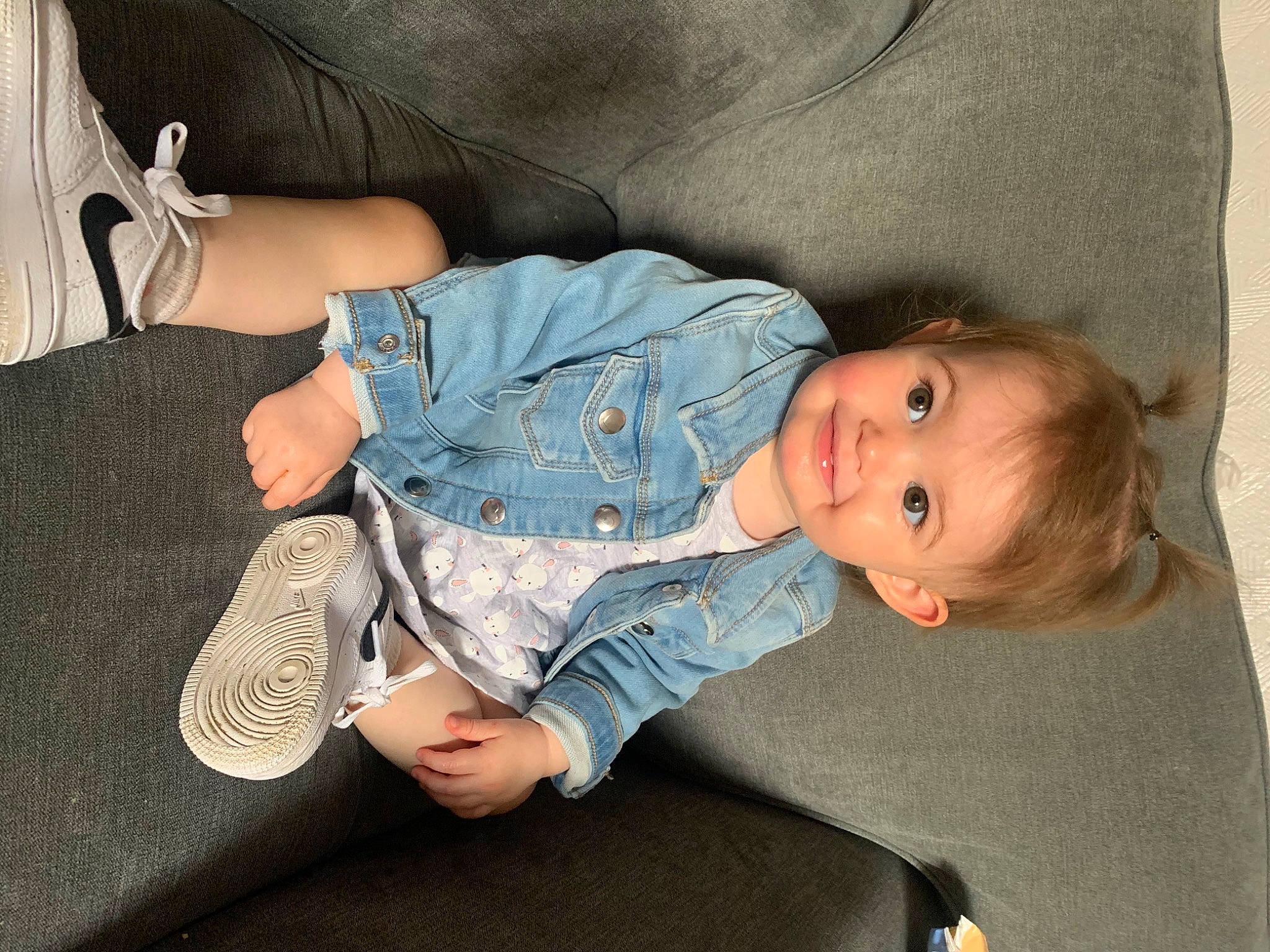 Maya joined the competition — help win amazing prizes! arm, baby, baby_products, baby_toddler_clothing, cheek, child, comfort, denim, finger, hand, human_leg, joint, joy, lap, pattern, person, sitting, skin, sleeve, sock