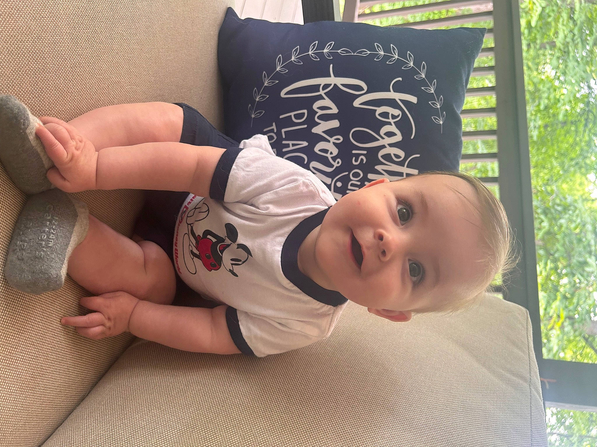 Lucian joined the competition — help win amazing prizes! baby, baby_toddler_clothing, barefoot, child, comfort, elbow, flooring, foot, happy, human_body, human_leg, knee, linens, pattern, person, sitting, sportswear, thigh, toddler, tree