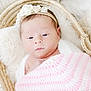 baby, newborn, infant, basket, blanket, crochet, pink, white, headband, flower, soft, cozy, cushion, fabric, sleepy, portrait, cute, child, resting, indoors