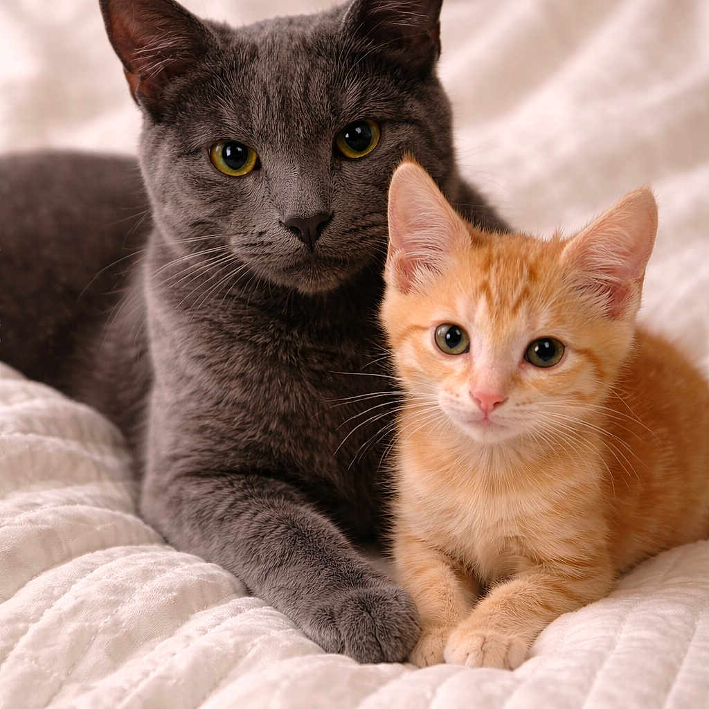 Fynlee And Cooper joined the competition — help win amazing prizes! animal, bed, cat, closeup, companion, curious, cute, ears, feline, fur, gray_cat, indoor, kitten, orange_tabby, pets, portrait, relaxed, snuggling, whiskers, white_quilt