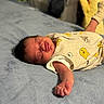 newborn, baby, infant, sleeping, blanket, bed, clothing, cute, bear_prints, stretching, arm, soft, indoors, cozy, child, person, young, resting, peaceful, portrait
