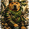 dog, samurai, armor, katana, headband, illustration, artwork, autumn_leaves, pagoda, japanese_style, warrior, fierce, portrait, animal, fantasy, green_scarf, medieval, battle_ready, orange_fur, traditional