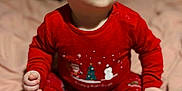 Jace is registered to the contest to win money with this photo: baby, child, infant, red_pajamas, christmas_theme, holiday, sitting, blanket, indoors, cute, portrait, face, feet, hands, blue_eyes, soft_lighting, cozy, winter_clothing, expression, young