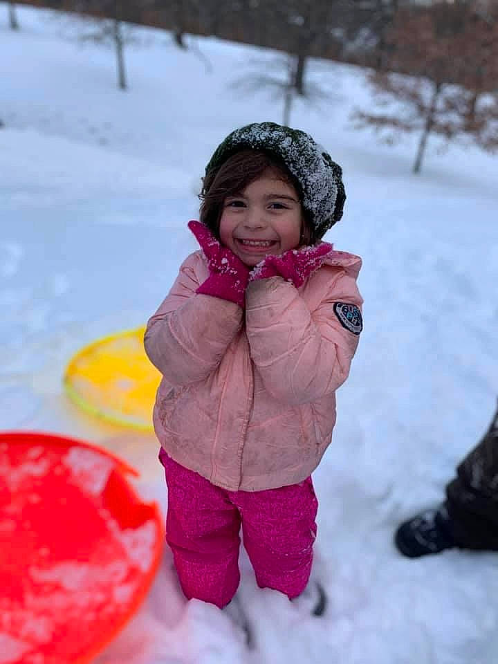 Alaina joined the competition — help win amazing prizes! balloon, child, freezing, fun, glove, happy, headgear, hood, jacket, joy, leisure, magenta, mammal, parka, people_in_nature, person, pink, recreation, smile, snow