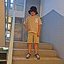 boy, bucket_hat, casual, child, confident, door, fashion, hand_on_hip, hat, indoor, pose, shorts, sneakers, stairs, standing, sunglasses, tile_floor, tshirt, wall, window