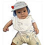baby, infant, hat, bib, romper, cute, chubby_cheeks, blue_eyes, white_background, striped_hat, sea_creatures, clothing, child, portrait, looking_at_camera, playful, neutral_expression, young_child, isolated, studio_style