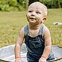 Dallas Kash is registered to the contest to win money with this photo: toddler, child, outdoor, grass, metal_tub, denim_overalls, messy_face, curious, blond_hair, blue_eyes, summer, nature, playful, portrait, baby, hands, candid, daylight, expression, water
