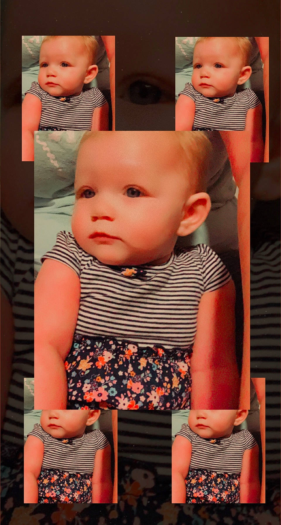 Haley is registered to the contest to win money with this photo: baby_toddler_clothing, black, cheek, chin, eyelash, facial_expression, gesture, hairstyle, head, human, iris, lip, orange, organ, person, photograph, pink, product, skin, sleeve