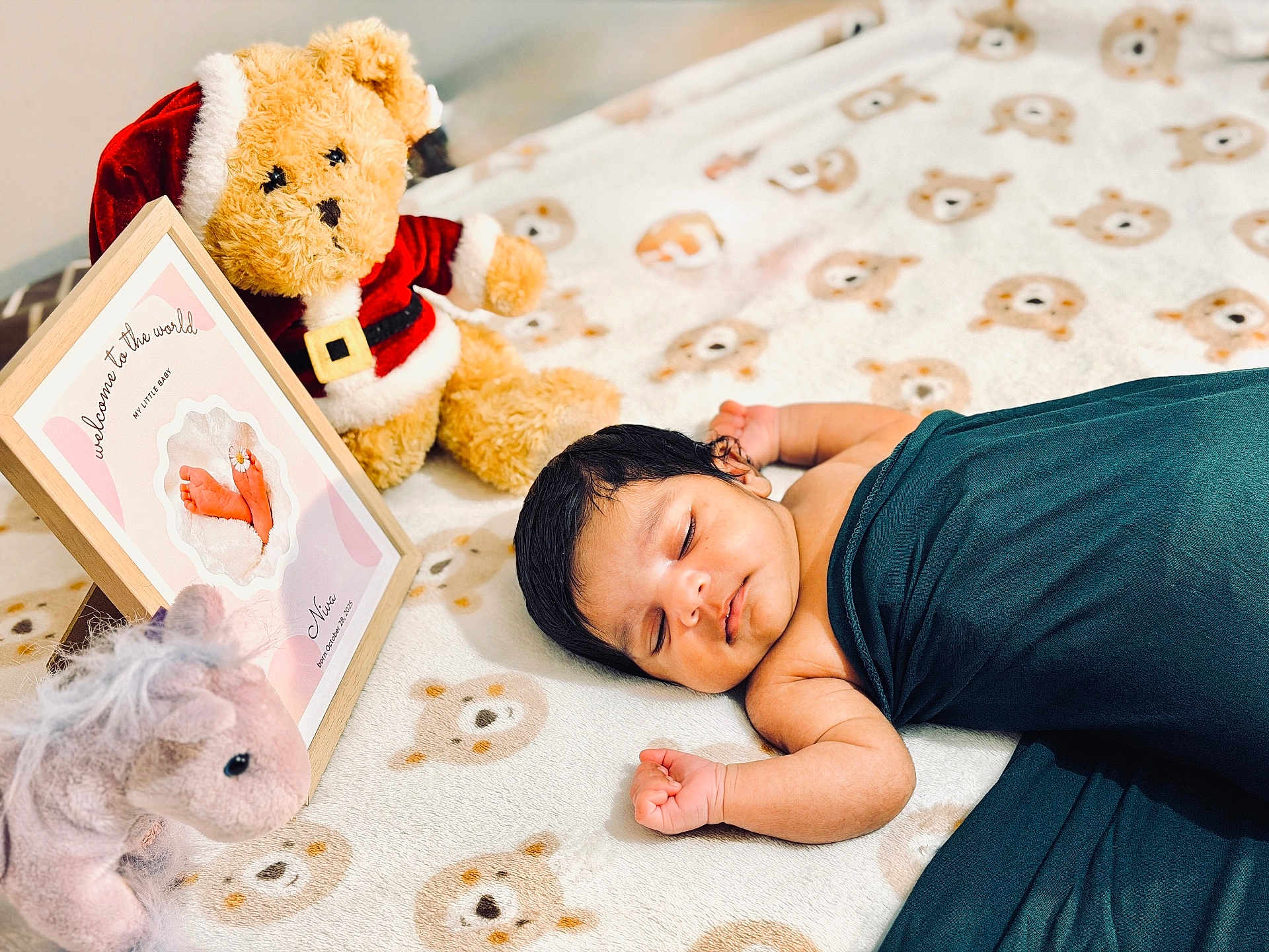 Niva joined the competition — help win amazing prizes! baby, sleeping, blanket, plush_toy, teddy_bear, horse_toy, frame, footprint, bedroom, soft_toy, child, infant, cute, resting, wrapped, cozy, decor, portrait, indoors, peaceful