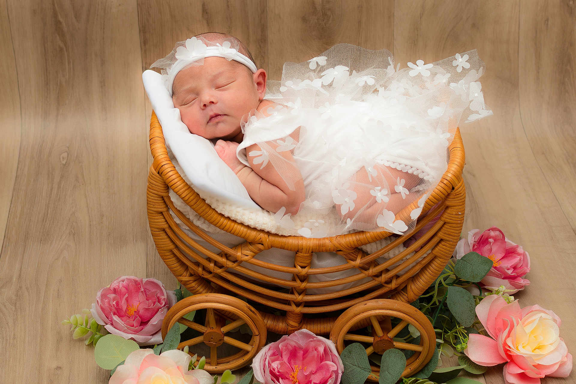 Valentina is registered to the contest to win money with this photo: newborn, baby, sleeping, basket, white_dress, headband, flowers, wooden_floor, wicker, carriage, portrait, cute, infant, peaceful, decor, soft_lighting, floral, resting, baby_photography, adorable