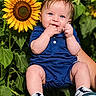 baby, blue_eyes, blue_outfit, child, fingers, flowers, garden, greenery, hands, happy, infant, leaves, nature, outdoor, portrait, romper, sitting, smiling, sneakers, sunflower